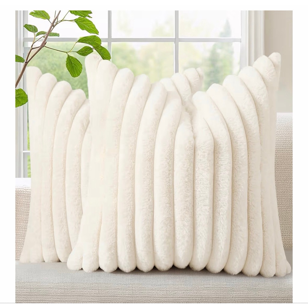 NEW Cream Cozy Faux Fur Throw Pillow Covers 24” Set of 2 Plush Striped